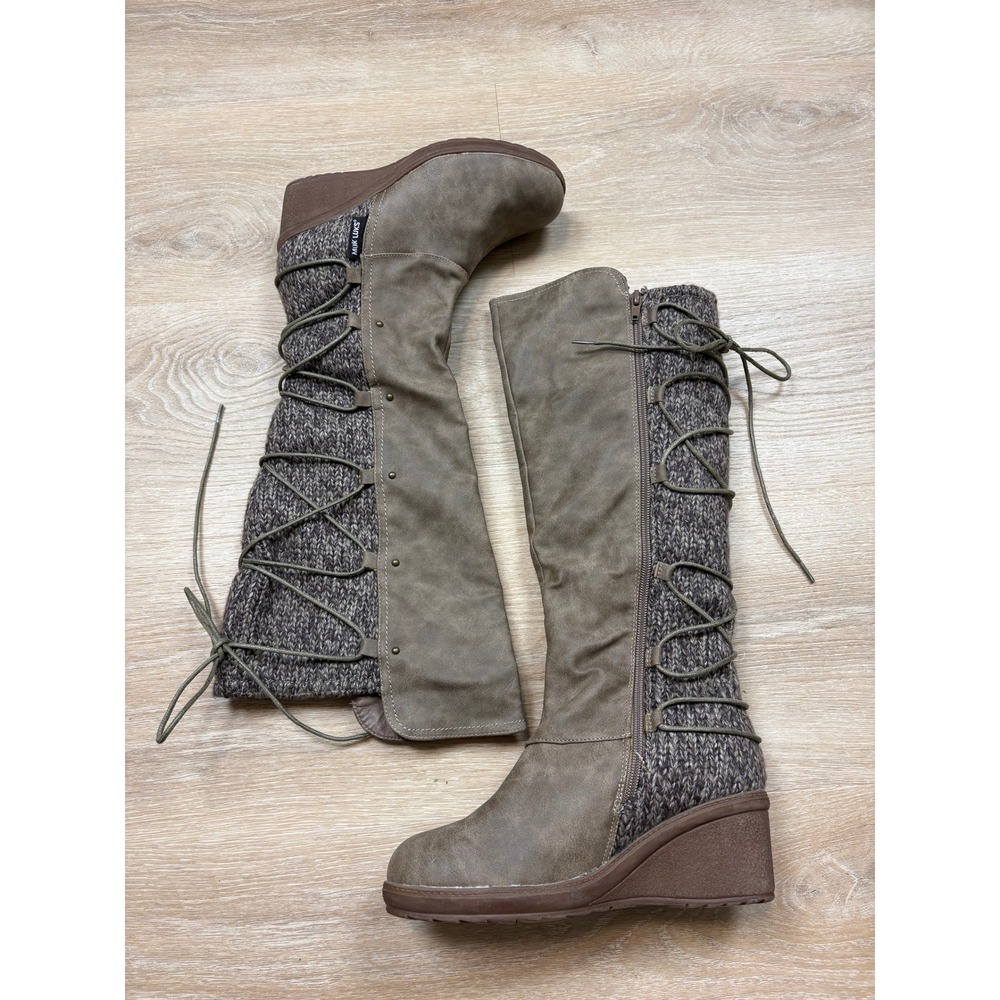 NWT MUK LUKS Tall Wedge Knit Lace Up Boots Women's 8 Color Taupe